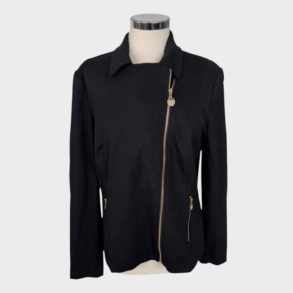 Anne Klein Womens Large Black Moto Style Jacket Blaxer Gold Tone Zipper